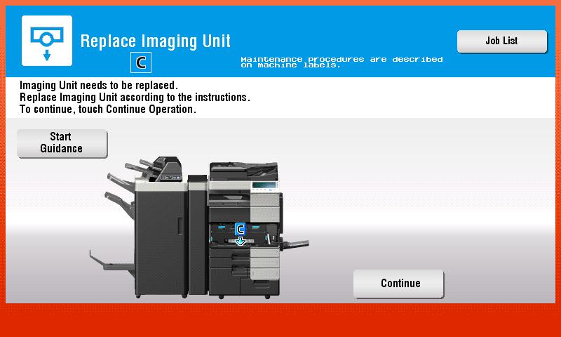 Using the animation guidance The animation guidance demonstrate the procedure, using moving images, on how to deal with a paper or staple jam and how to replace consumables such as Toner Cartridges.