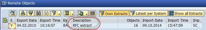 Figure: Selecting the RFC extract when using the RFC option Note that for each individual source system, only a single entry for the RFC extract is