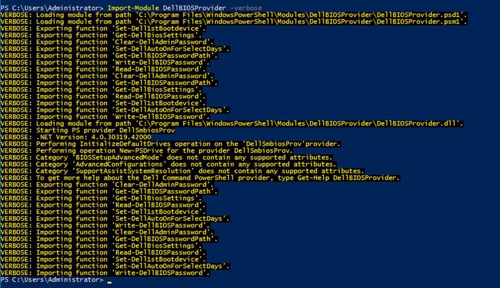 Getting started with Dell Command PowerShell Provider 4 This chapter describes importing the module, general navigation, supported cmdlets, and custom functions of Dell Command PowerShell Provider.