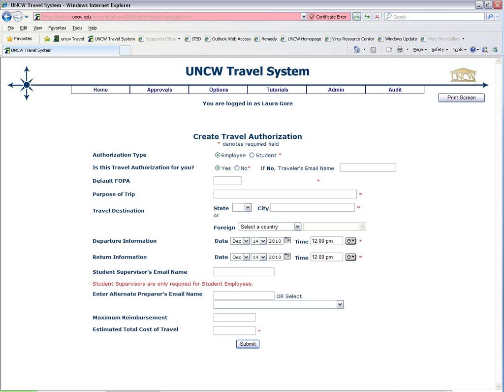 3. Once you are in UNCW Travel System you will