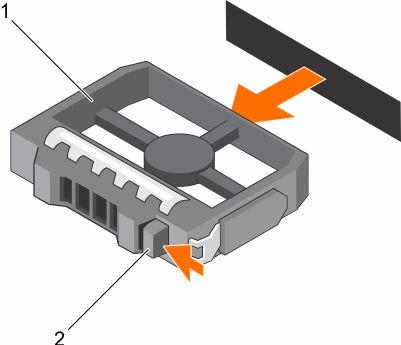 Figure 67. Removing a 3.5-inch hard drive blank 1. hard drive blank 2. release button Next steps If applicable, install the front bezel.