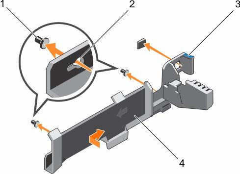 Figure 30. Installing the cable retention bracket Next steps 1. alignment pin (2) 2. keyhole slot 3. tab 4. cable retention bracket 1. Install the PCIe card holder. 2. Install the cooling shroud. 3. Follow the procedure listed in the After working inside your system section.