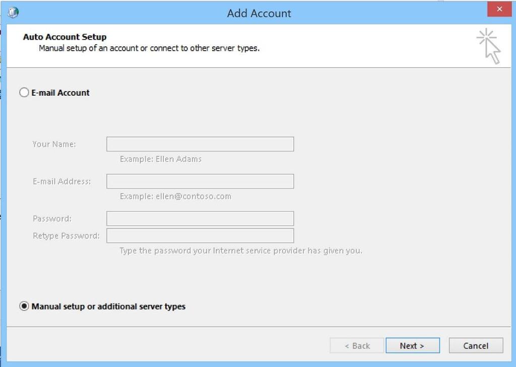If you like, you can still manually configure a new email account by checking the Manual Setup option, which will then allow you to choose, Exchange or