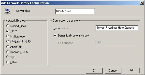 12. Select With SQL Server authentification using a login ID and password entered by user and click Client Configuration. 13. Type Server IP address\genesis in Server name.