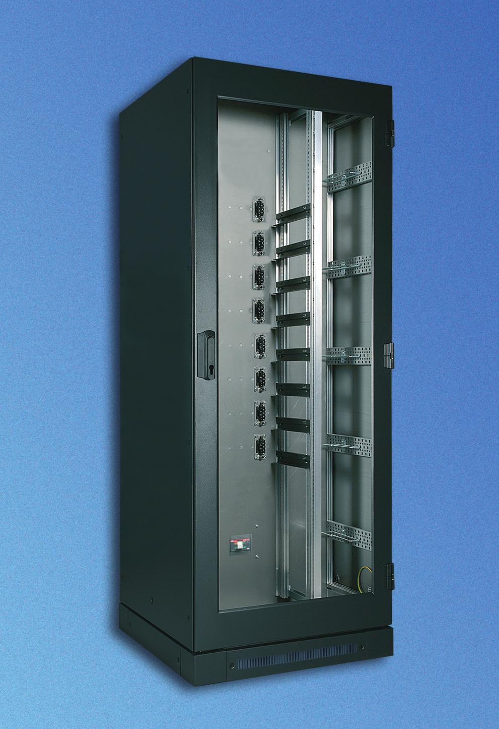 Power Distribution Rack Feed of 2 separate -phase 400V mains, L1, L2, L, N, PE Each with a 250A circuit breaker in the input Distribution to the individual plugs via busbars and contact-safe plug-in