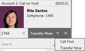 Click the Transfer button The call is put on hold and a call entry field appears If the button does not show Call first, click the down