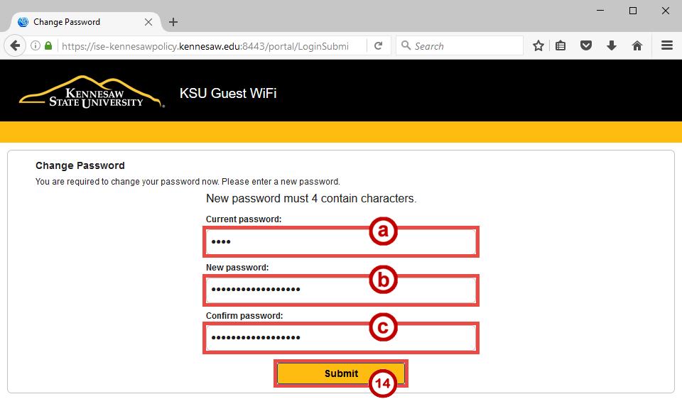 13. The KSU Guest WiFi - Change Password page will open, enter the following: a. Enter the Current password from the Email (See Figure 7). b. Enter a New password (See Figure 7). c.