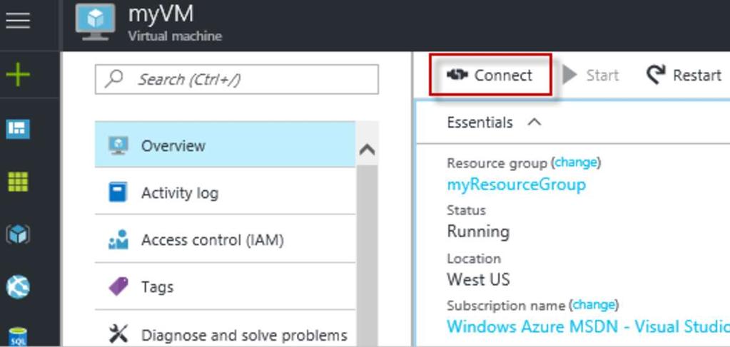 6. After deployment the VM summary opens up and the VM will be pinned to the Azure portal dashboard. Connect to VM Create an SSH connection 1. Click the Connect button as shown below.