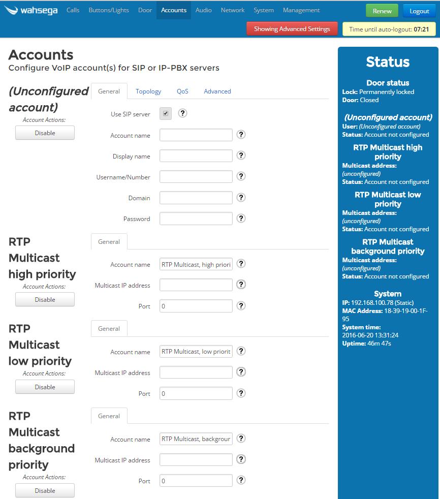 Account Settings The Accounts page configures settings for SIP