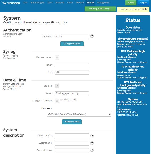 General System Configuration The System page configures settings for the access control