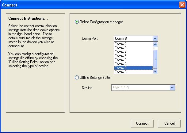 2. Apply Power to the TCP interface and run Sanyo AMY to Modbus TCP Configuration Manager and click Connect. 3. Select the appropriate Comm Port and click Connect. 4.