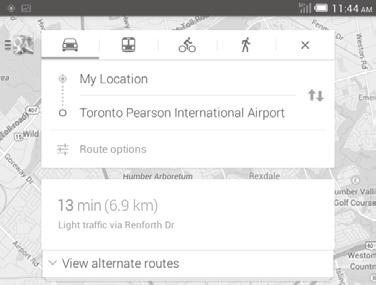9.4 Get driving, public transportation or walking directions 9.4.1 Get suggested routes for your trip Touch icon from Maps screen.