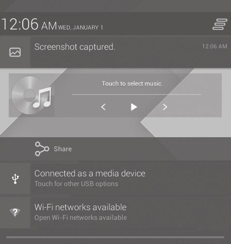 connected via USB cable Touch and draw down the Status bar on the right to open the Quick settings panel, drag it down on the left to open the Notification panel. Touch and drag up to close panels.