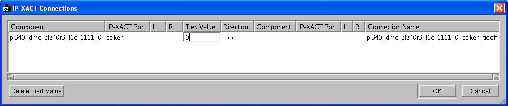 Creating and configuring a system 6.5 Tying off input ports 1. Right-click the input port to tie off and select Create Tied Value. The IP-XACT Connections dialog box is displayed. See Figure 6-4.