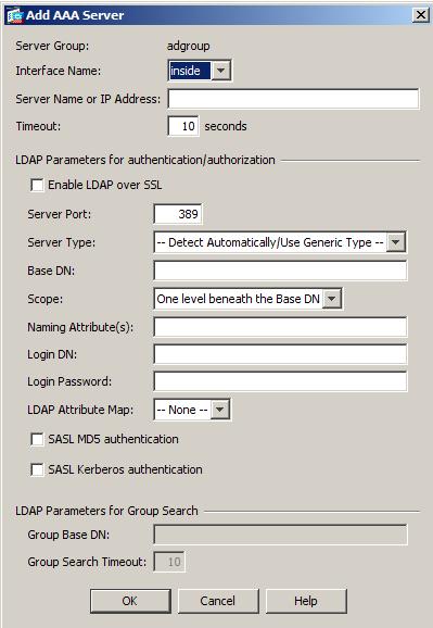 8. On the Add AAA Server window, complete the following fields, and then click OK. This newly created AAA server will be added to the list under the Servers in the Selected Group section.