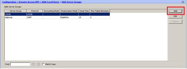 Creating the RADIUS-enabled AAA Server Group and its Servers 1. Open the Cisco Adaptive Security Device Manager (ASDM) for Cisco ASA. 2. On the main window, click Configuration.