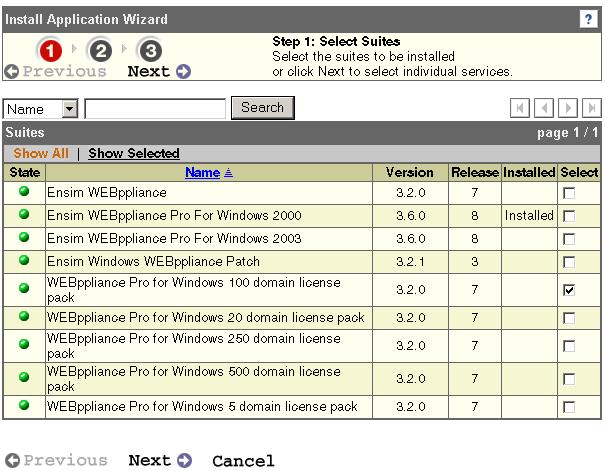 3 In Step 1: Select Suites, select WEBppliance Pro for Windows license pack. 4 Click Next.