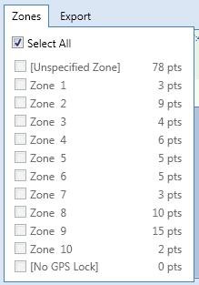 Section 4. Viewing Data 4.2 Showing / Hiding Zones Zones menus in the Data and Chart tabs facilitate showing or hiding measurements by zone.