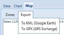 Section 4. Viewing Data 4.5.4 Export Menu The Export menu can be found at the upper-left of the Map tab. The menu facilitates exporting map data to one of two formats.