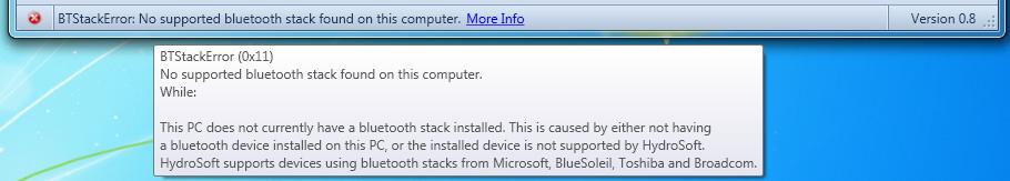 Section 7. Error Codes 7.5 (0x11) BTStackError No supported Bluetooth stack found on this computer. The software did not find a compatible Bluetooth stack on the local PC.
