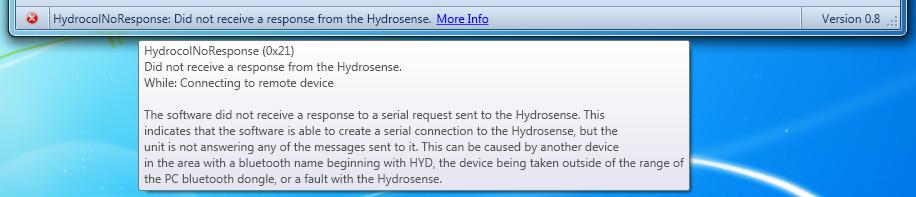 Section 7. Error Codes 7.7 (0x21) HydrocolNoResponse Did not receive a response from the HydroSense II. The software did not receive a response to a request sent via Bluetooth.