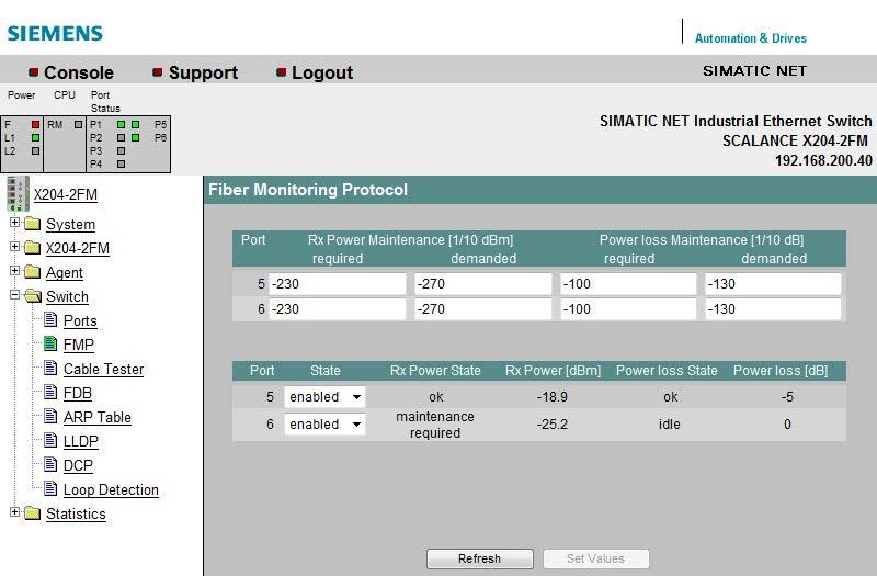 5.4 The Switch menu Figure 5-37 Fiber Monitoring Protocol Setting the power limits In the first table, you can set the limits for the received power and the power loss for the available ports.