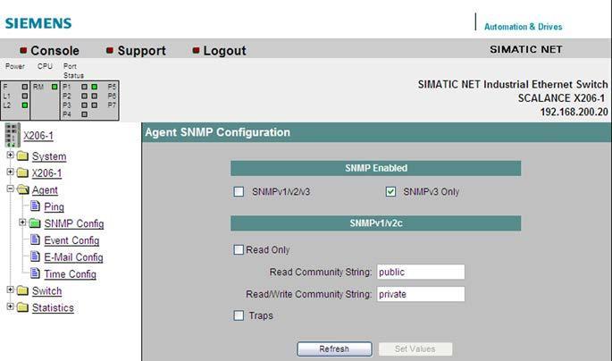 5.3 The Agent menu Agent SNMP Configuration - Configuration of SNMP for an IE Switch X-200 On the SNMP Agent Configuration page, you make basic settings for SNMP.