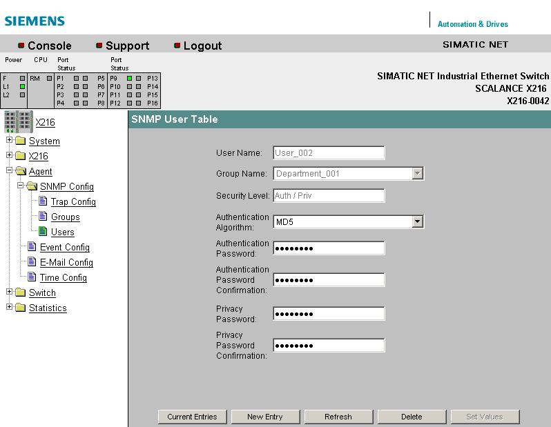 5.3 The Agent menu 5.3.8 SNMP Users New Entry Agent SNMP Configuration User Table Click the "New Entry" button on the SNMP User Table page. The page shown below appears.