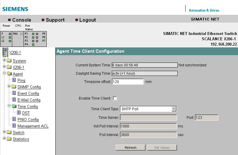 5.3 The Agent menu Figure 5-27 Agent Time Client Configuration - "SNTP Poll" selected Current System Time Here, either the time since the last restart or the current time is shown.