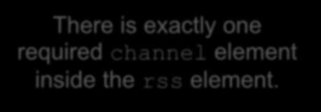 ..</description> <pubdate>mon, 27 Aug 2012 14:40:49</pubDate> There is exactly one required channel element inside the rss element.