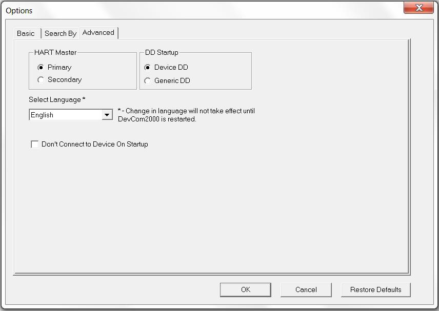 2 Select Options Advanced from the main window. The Options Dialog Box is displayed with the Advanced tab selected: 3 Under the section HART Master select either Primary or Secondary.