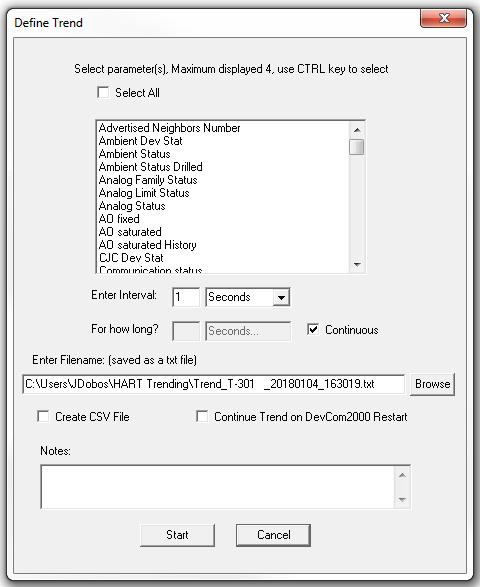 3 Select the information for the log file: Select Parameters Select up to four parameters to display at a time. More than four can be recorded. Press the CNTRL key to select multiple parameters.