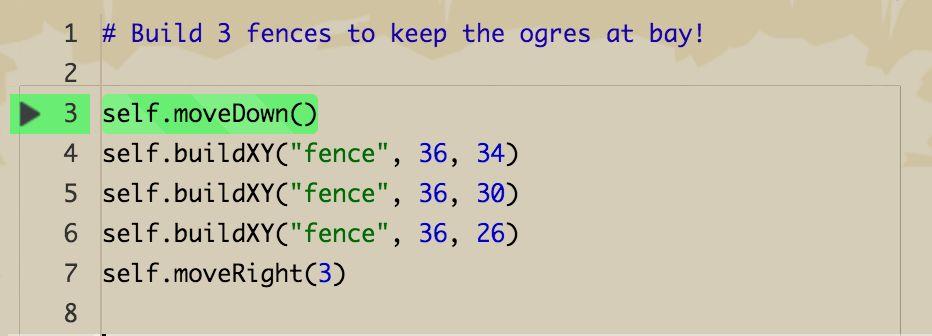 : self.buildxy("fence", 40, 20) JavaScript: this.buildxy("fence", 40, 20); This level is much easier to beat with "fence" than with "fire trap".
