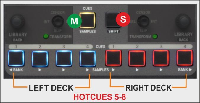 HotCues 1-4 mode Press the CUES/SAMPLER mode button to select the HotCues mode (LED will become red) In this mode each one of the 4 buttons per side (1-4) assigns a Hot Cue Point (1 to 4) to the left