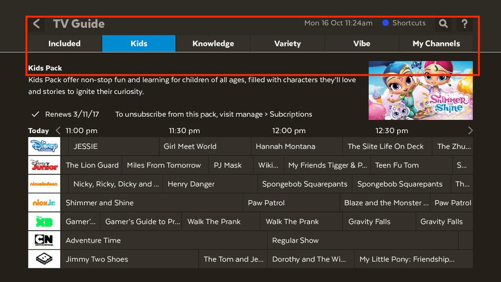 New TV Guide Tabs We have revamped our TV Guide to give you easy access to the channels you are subscribed to.