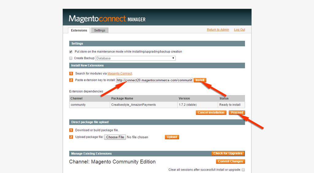 In the Install New Extensions section enter Login and Pay with Amazon extension key obtained from Magento Marketplace page and click Install button.