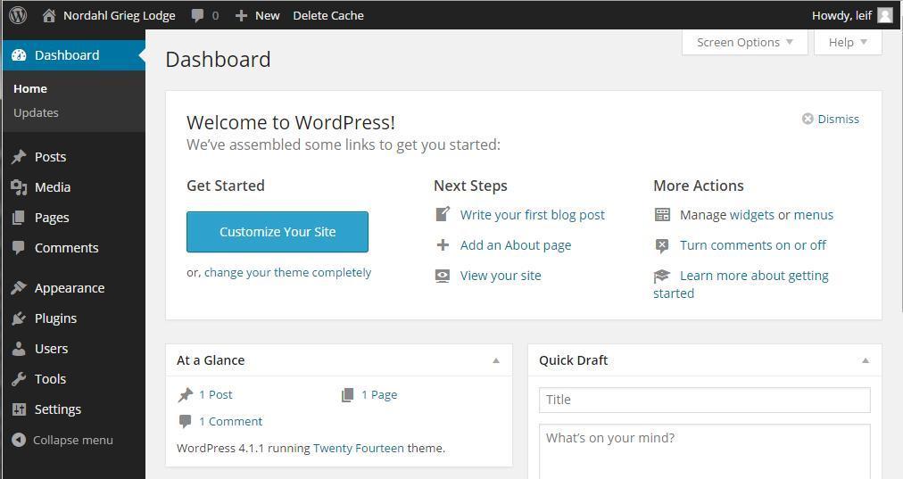 15. Enter the admin Username and Password, then click the Log In button. The WordPress dashboard will display.