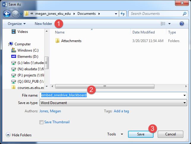 Figure 10: In the Save As dialog box, you may create a New Folder to help organize your content (1), edit the file s name (2), and ultimately Save the file (3).
