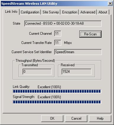 Configuring the SpeedStream Wireless PCI Adapter 1. This screen shows you the status of your current connection.