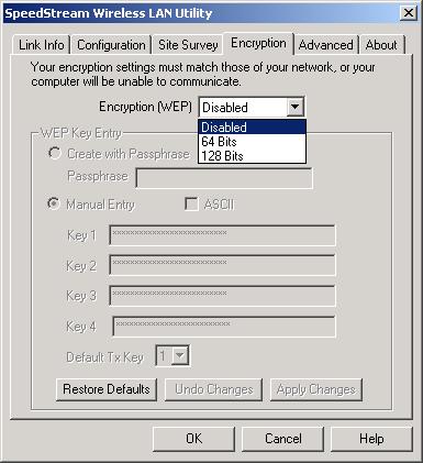 4. Click on the Encryption tab. Under the drop-box, you can choose to have WEP encryption Disabled, 64-Bit, or 128-Bit.