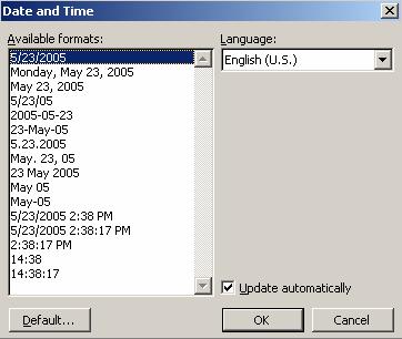 Date and Time Why would you use this? To insert a date or time into your document for a letter, memo, footer, notes, etc. To insert a date or time that will remain static.