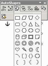 Step by Step- AutoShapes 1. From the menu choose: Insert, Picture, AutoShapes The AutoShapes toolbar displays. 2. Click on an icon for the type of AutoShape you want to insert.