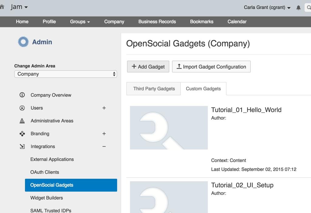 Click Add Gadget. The Register OpenScial Gadget interface appears.