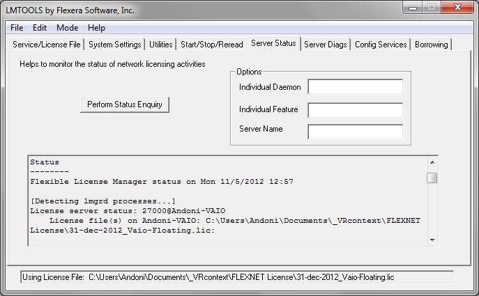 Installing the License Server 6.5 FLEXnet log file 6.4 Diagnostic from Lmtools application Procedure 1. Go to "Server Status" tab. 2. Click on "Perform Status Enquiry" button.