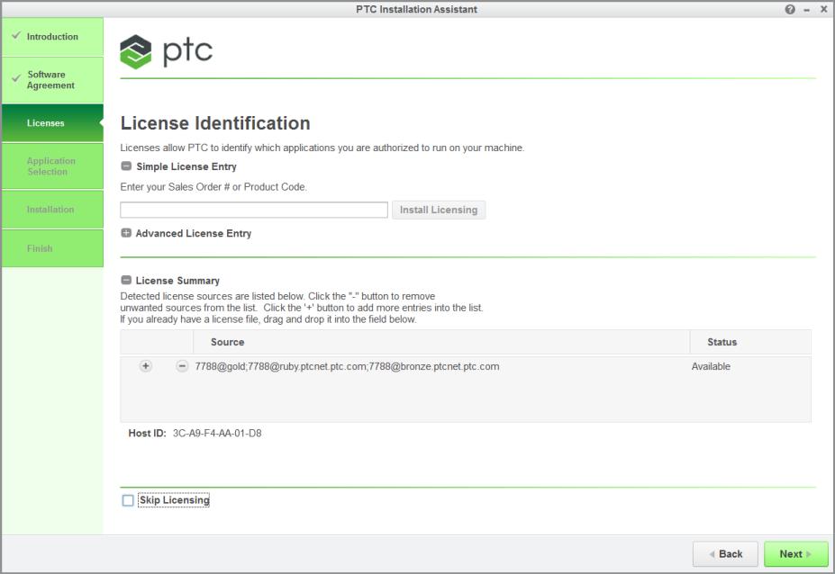 4. Click Next. The Software License Agreement screen appears. 5. Accept the license agreement and click Next. The License Identification screen appears.