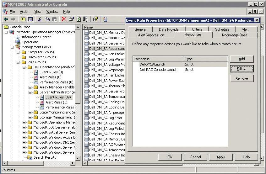 Figure 3. MOM Administrator console showing Dell Management Pack scripts to embed links for OMSA and the DRAC in a MOM event rule Figure 4.