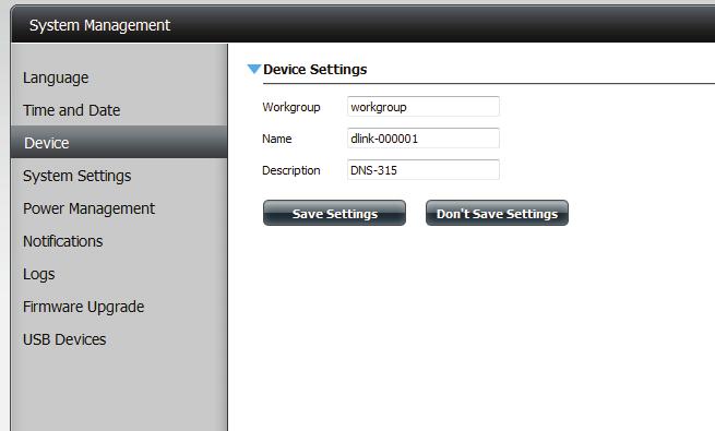 System Management - Device The device settings page allows you to assign a workgroup, name and description to the device.