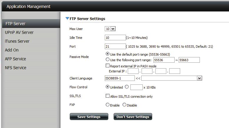 Application Management FTP Server The device is equipped with a built in FTP Server.