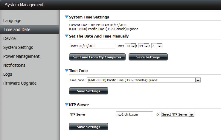 Time and Date The Time and Date page contains several different options for setting the device s internal clock.