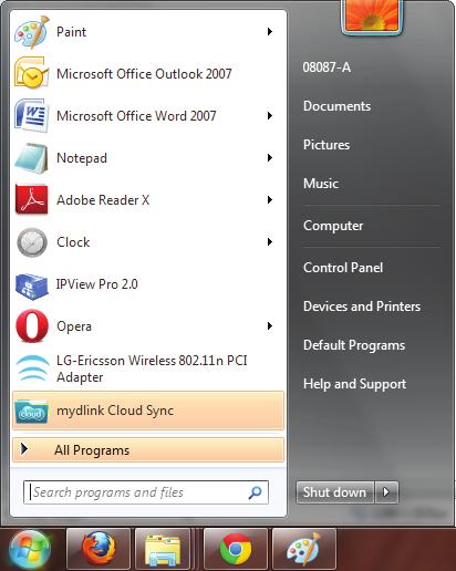 Running mydlink Cloud Sync To run the program in Windows 7, click Start, All Programs, mydlink